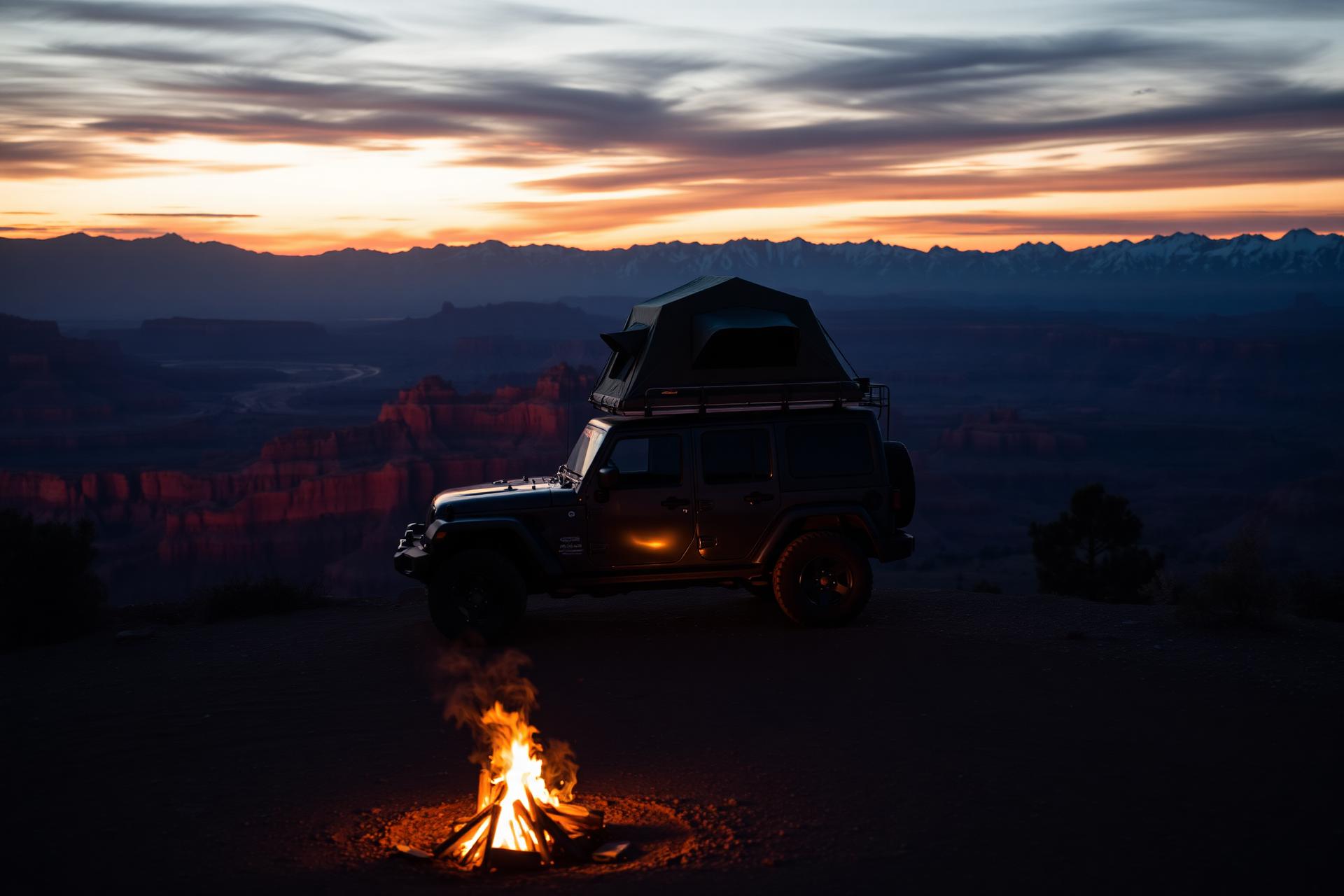 Jeep at golden hour overlooking red rock canyons and snow-capped mountains